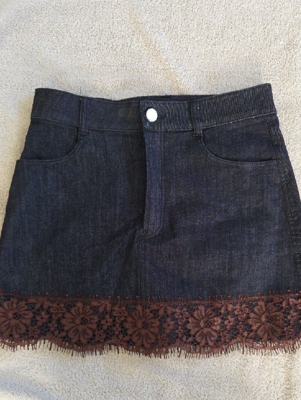 Zara Dark Denim Mini Skirt with Brown Lace Trim - Picture 3 of 8